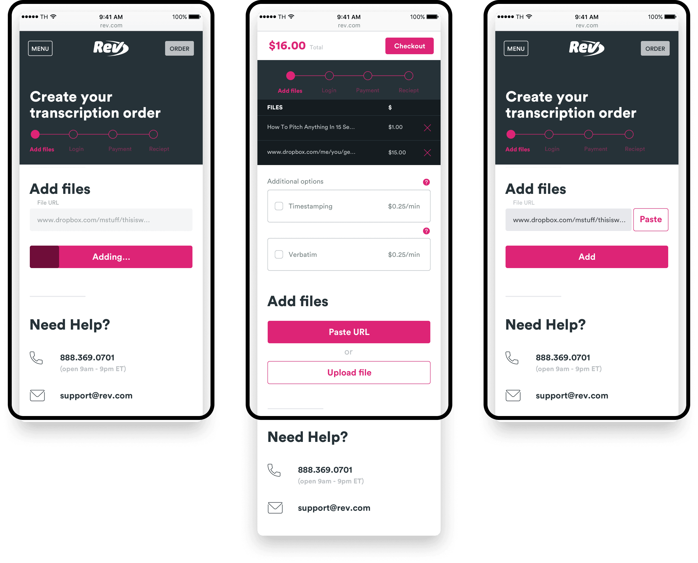 Rev mobile checkout screens with file list, pricing, and add-on options like timestamping and verbatim