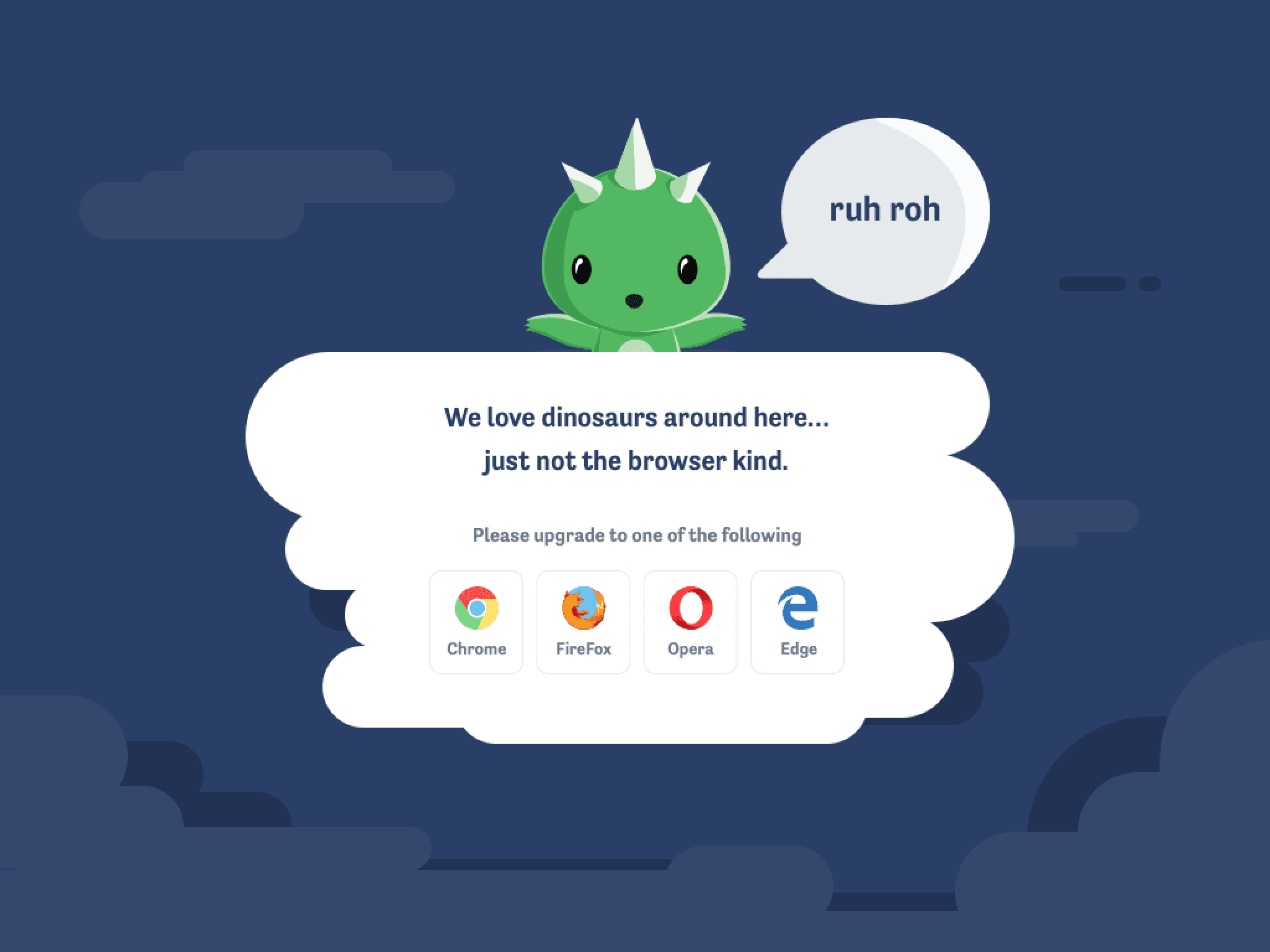Imzy unsupported browser page with the dinosaur mascot saying ruh roh