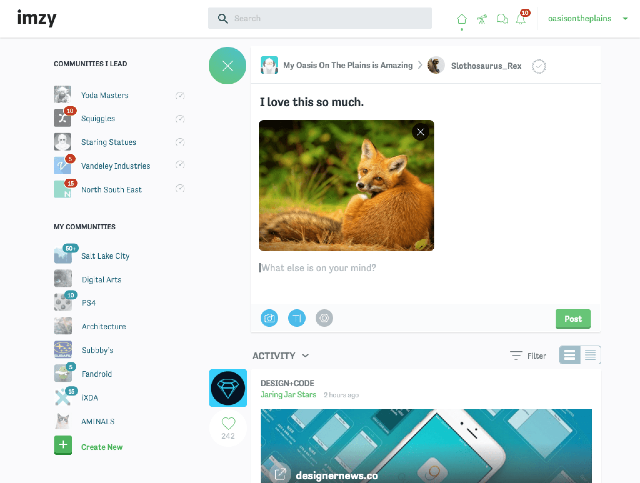 Imzy main feed design