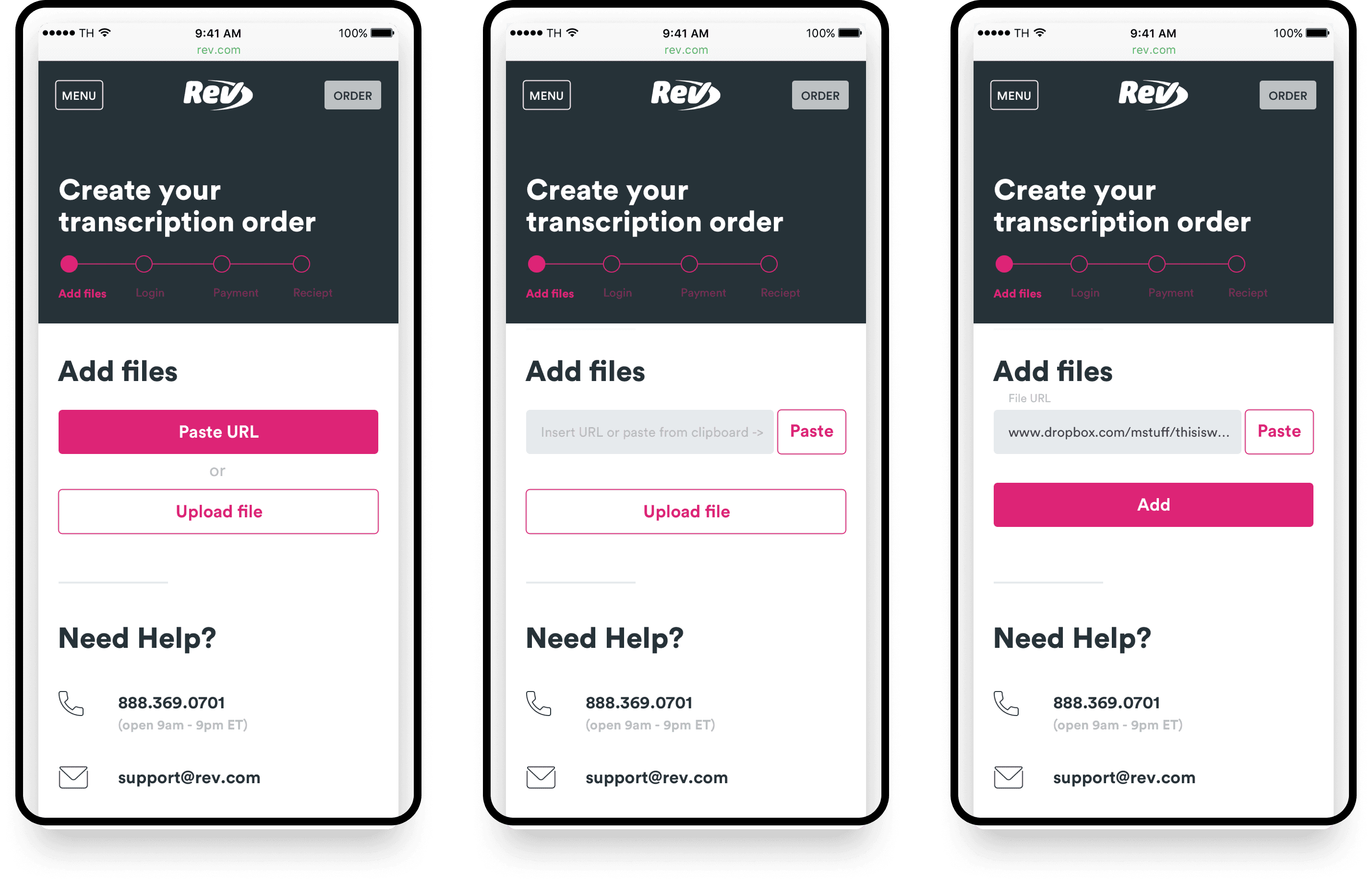 Three mobile screens of the Rev transcription order flow showing paste URL and upload file states
