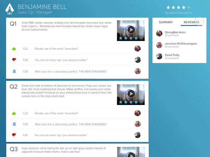 Web view of a sales rep's received feedback with reviewer comments organized by question
