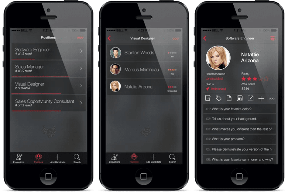 Three iPhone screens stepping from the positions list to a candidate list to an individual candidate's profile and interview questions