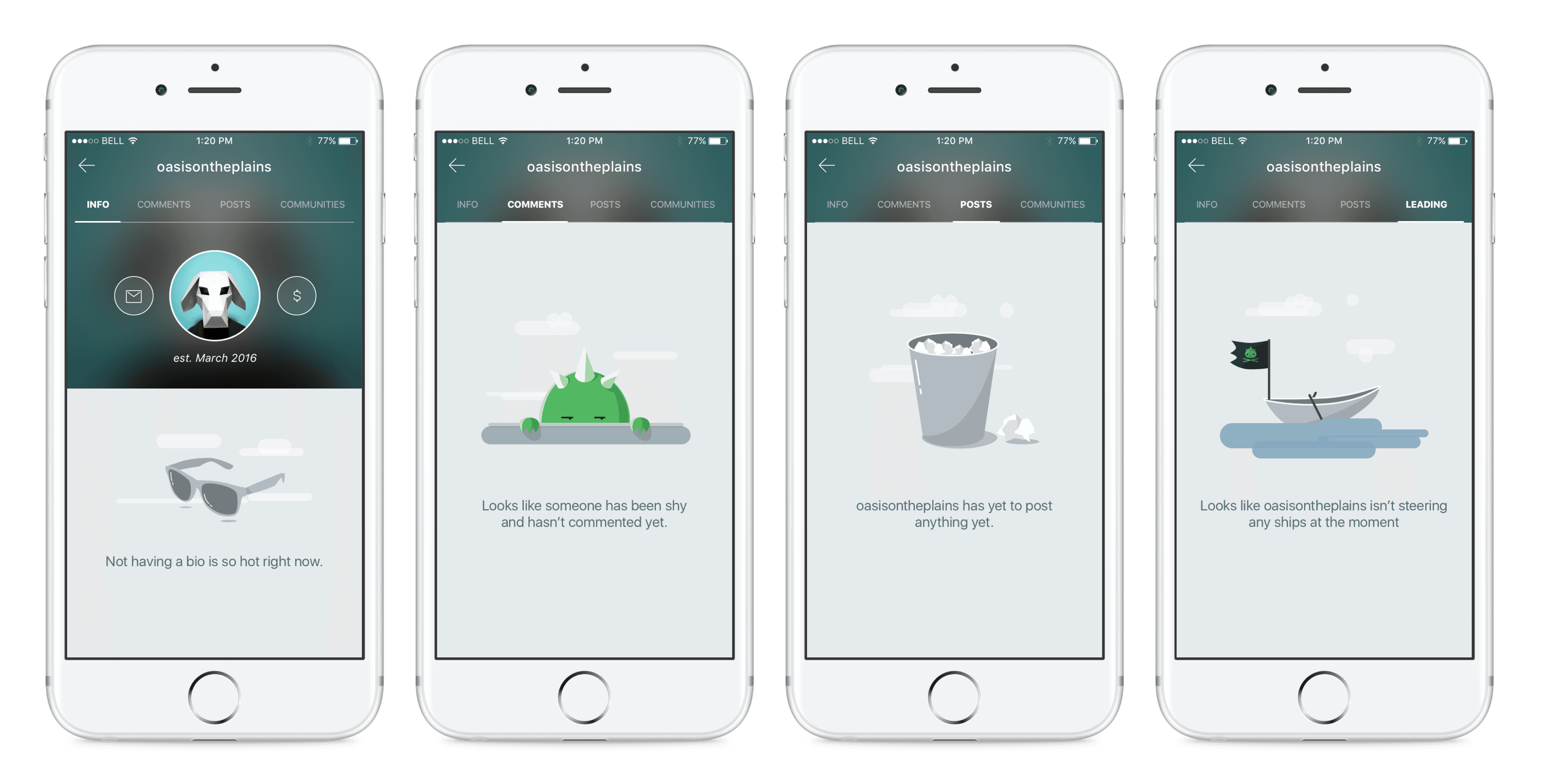 Imzy profile empty state illustrations encouraging users to get started