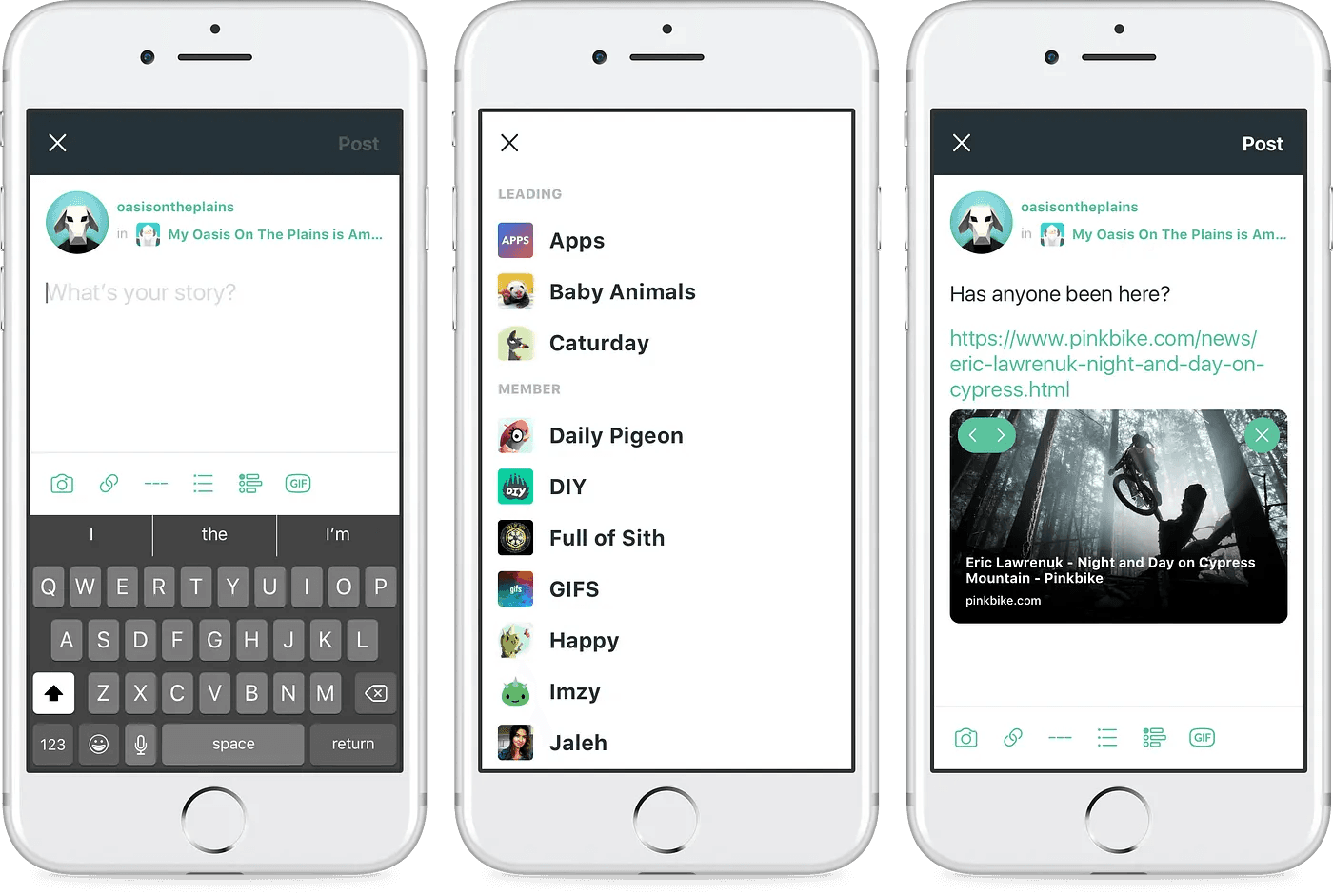 Imzy post creation screens showing the seamless posting flow