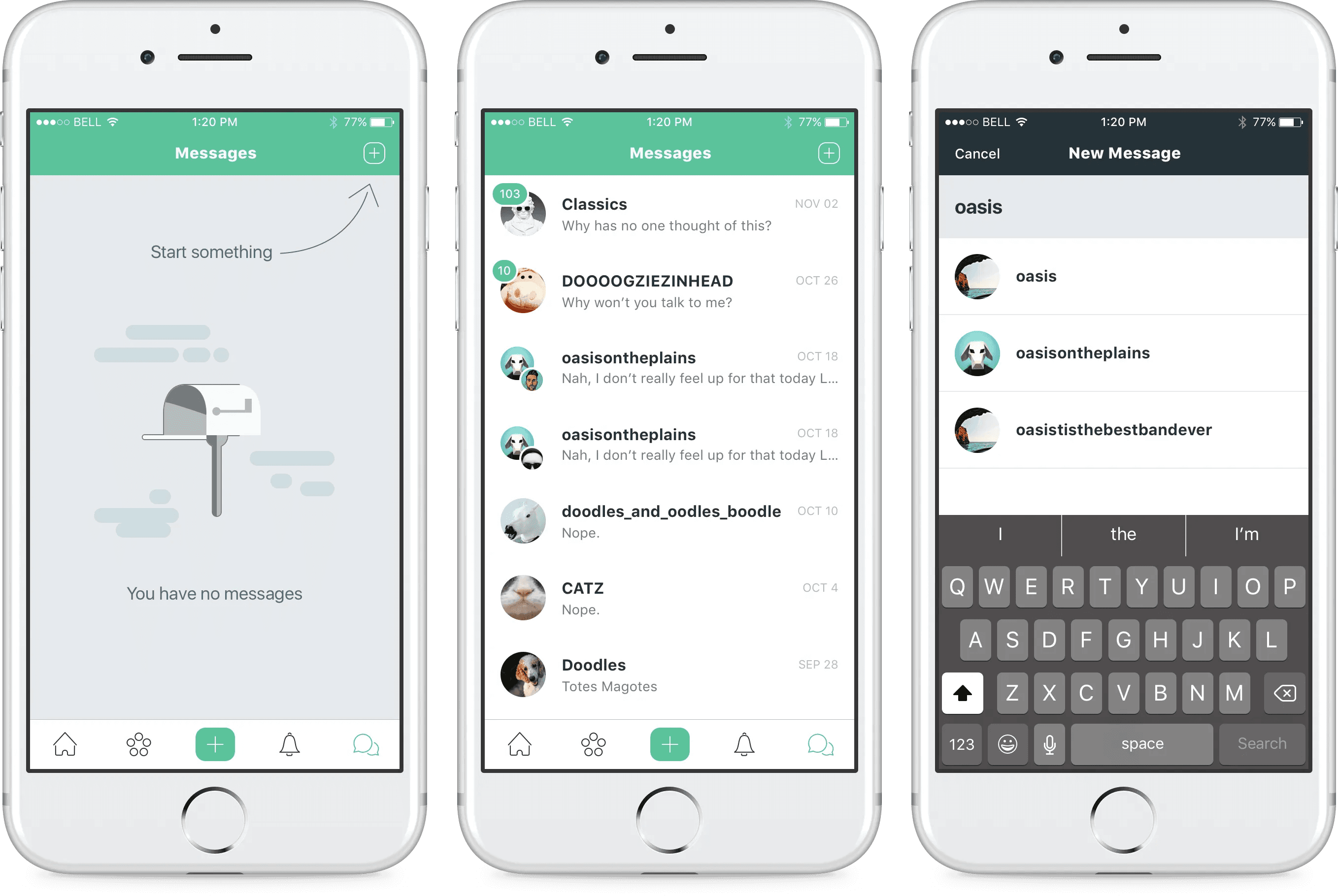 Imzy direct messaging and private group conversation screens