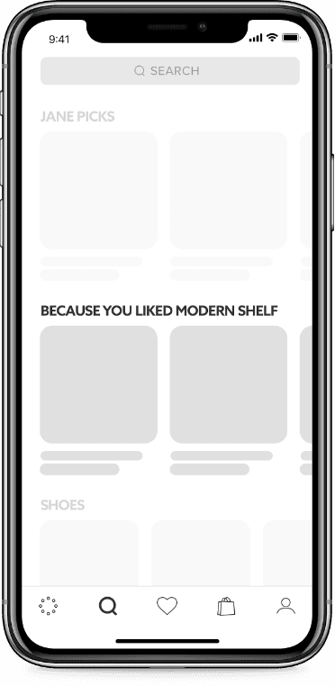 Explore feed wireframe highlighting the Because You Liked Modern Shelf row