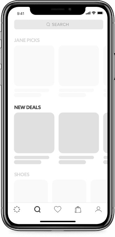 Explore feed wireframe highlighting the New Deals row