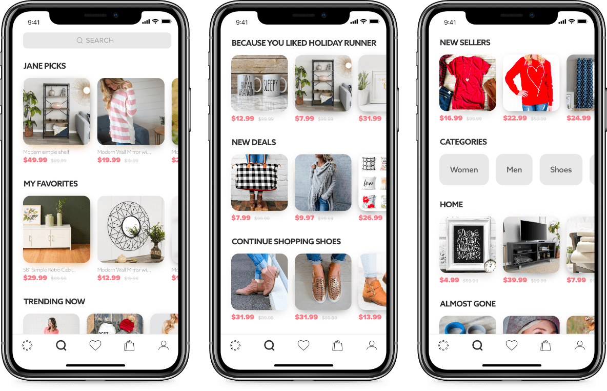 Three high-fidelity Explore screens with personalized rows like Jane Picks, New Deals, and New Sellers