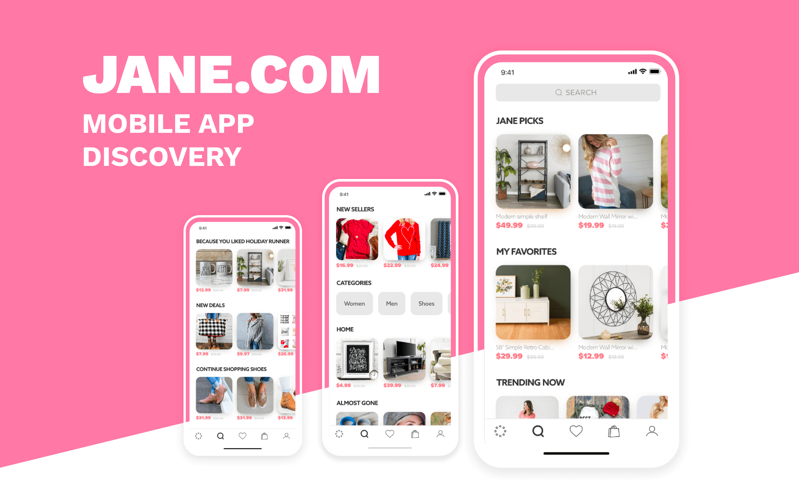 Jane.com mobile app Discovery hero showing three phone screens of personalized shopping feeds