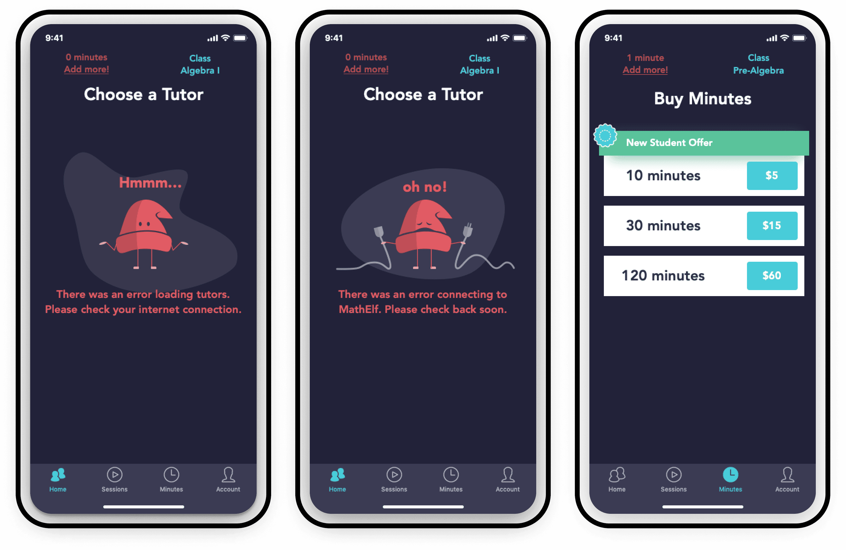 Error state screens in the Math Elf student app