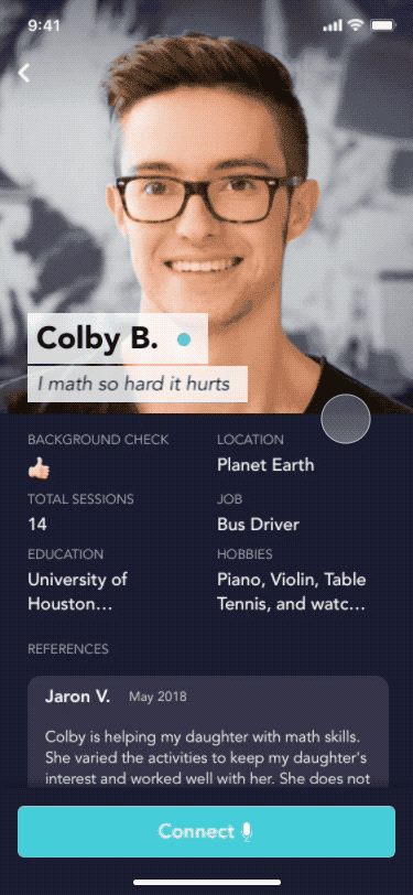 Scrolling tutor profile with reviews and background information for parents