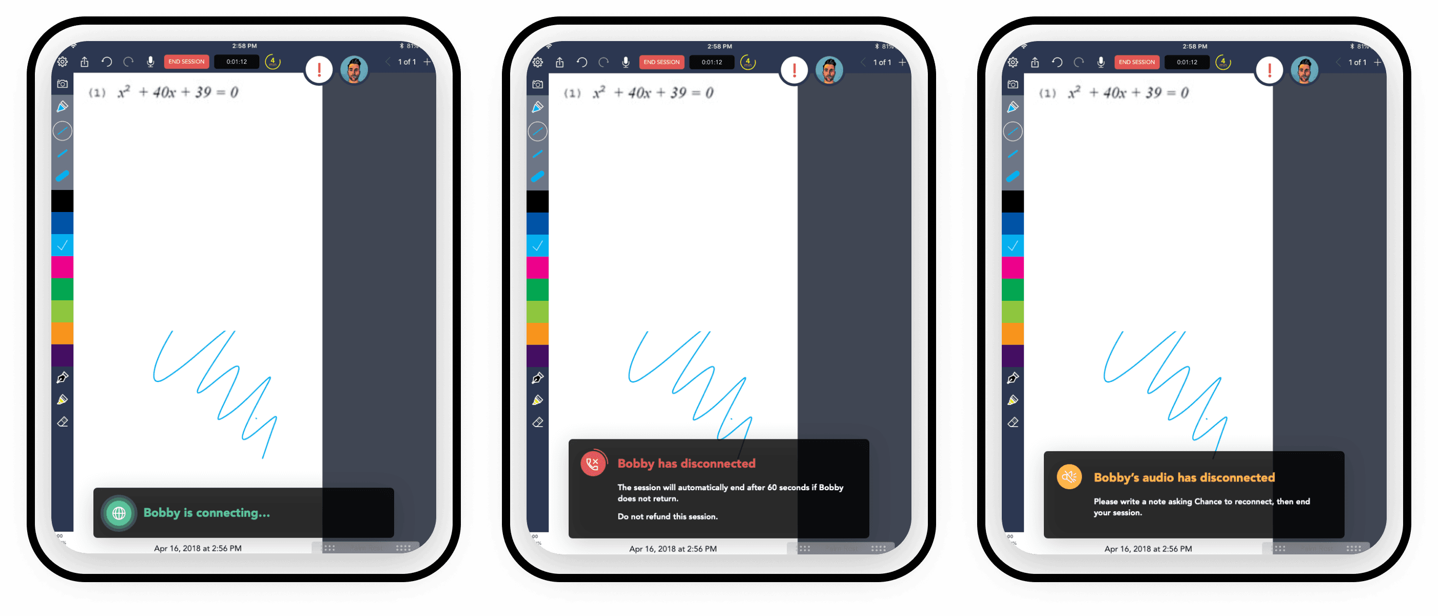 First set of error state screens in the Math Elf tutor app
