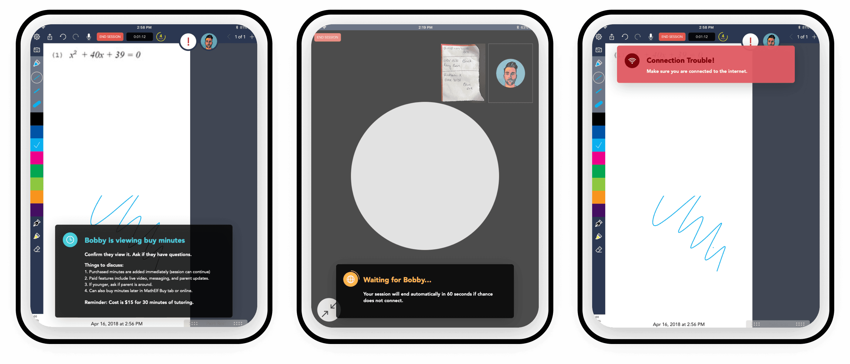 Second set of error state screens in the Math Elf tutor app