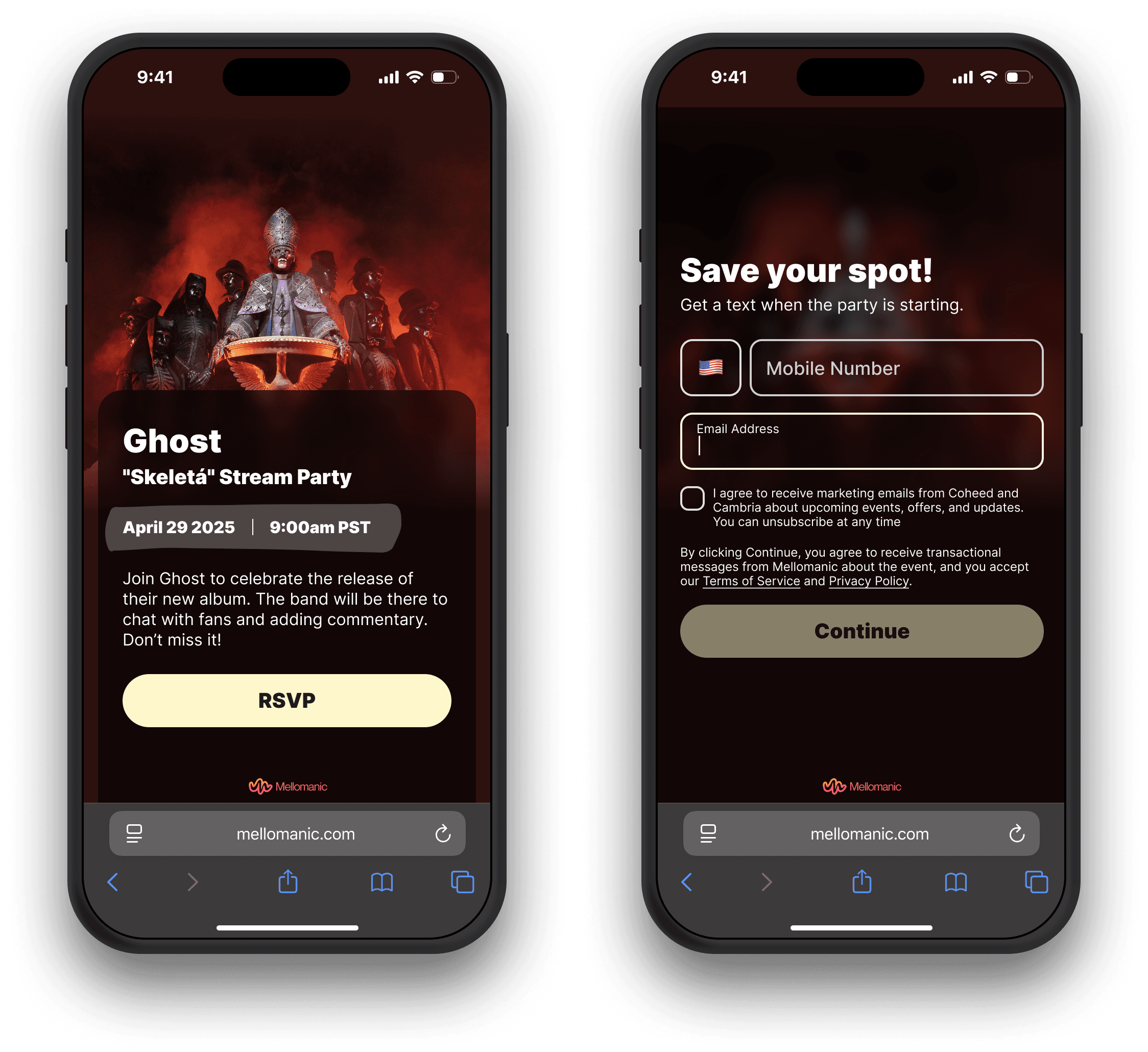 Mellomanic event landing page with RSVP call to action on mobile web