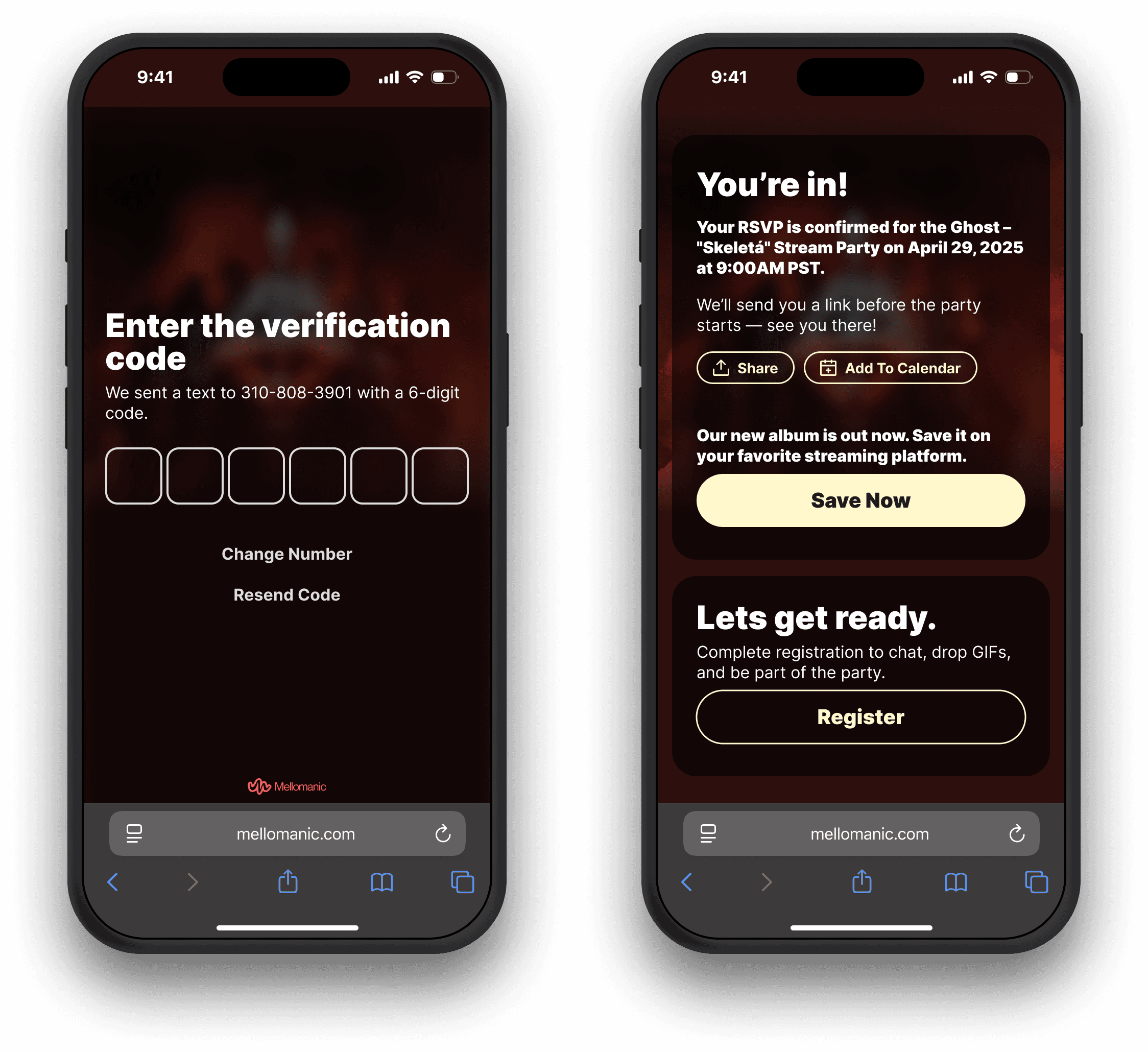 Mellomanic RSVP flow with event reminder sign up on mobile web