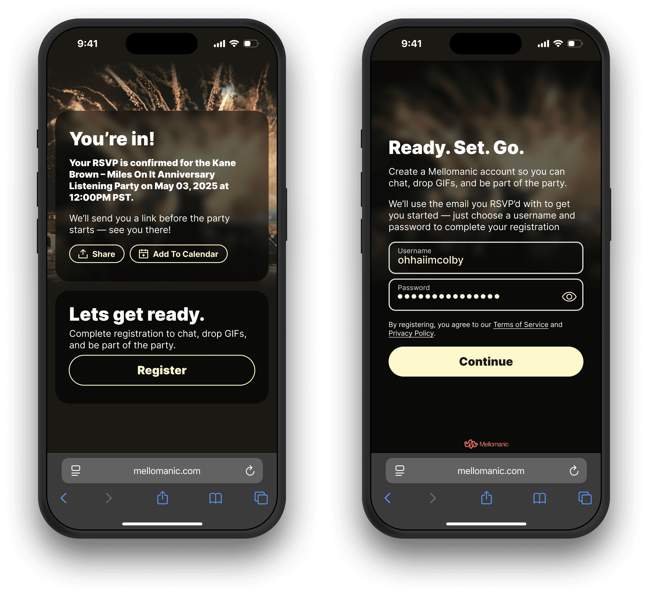 Mellomanic account registration screens for joining an event
