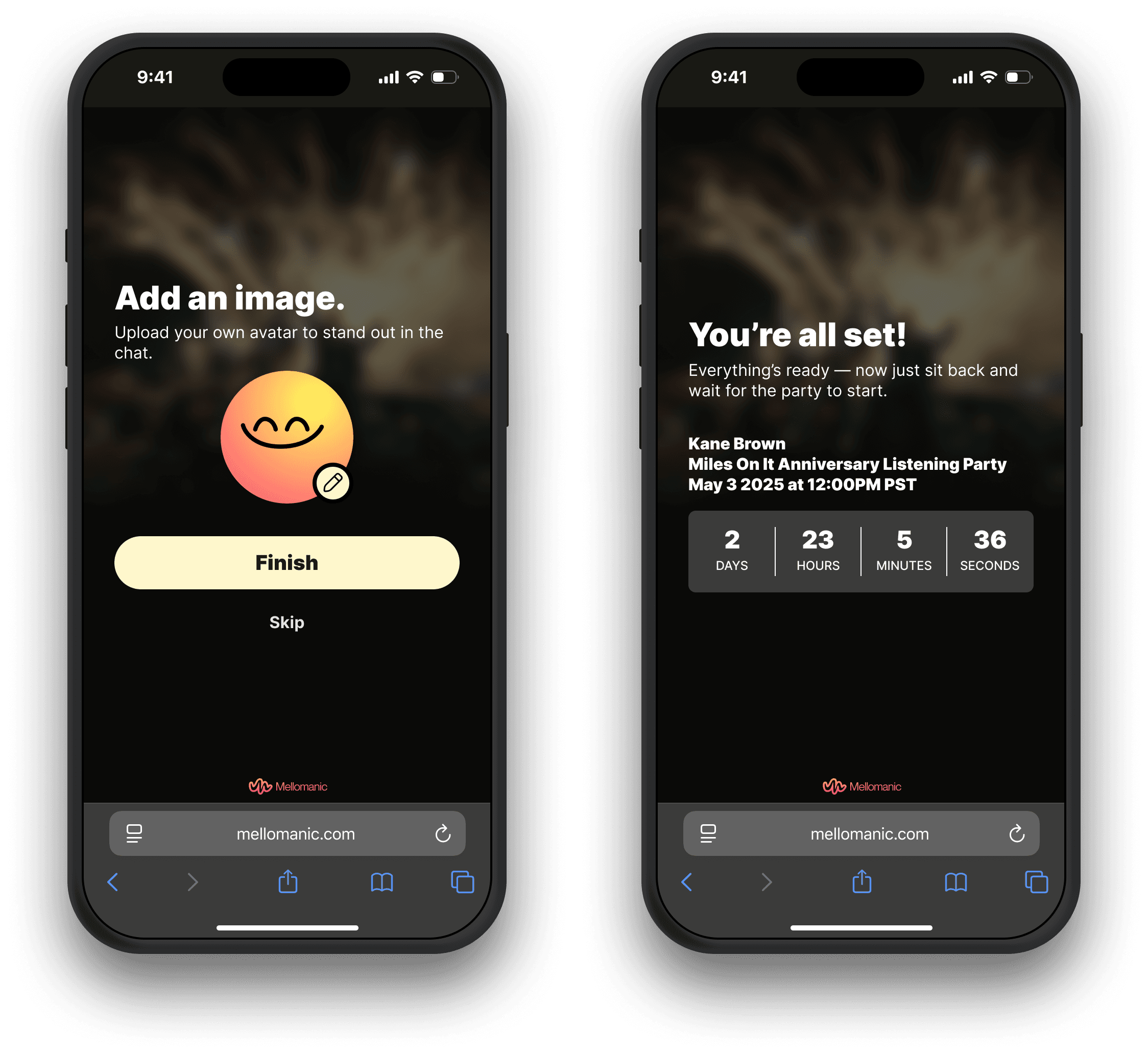Mellomanic registration flow with profile and avatar setup