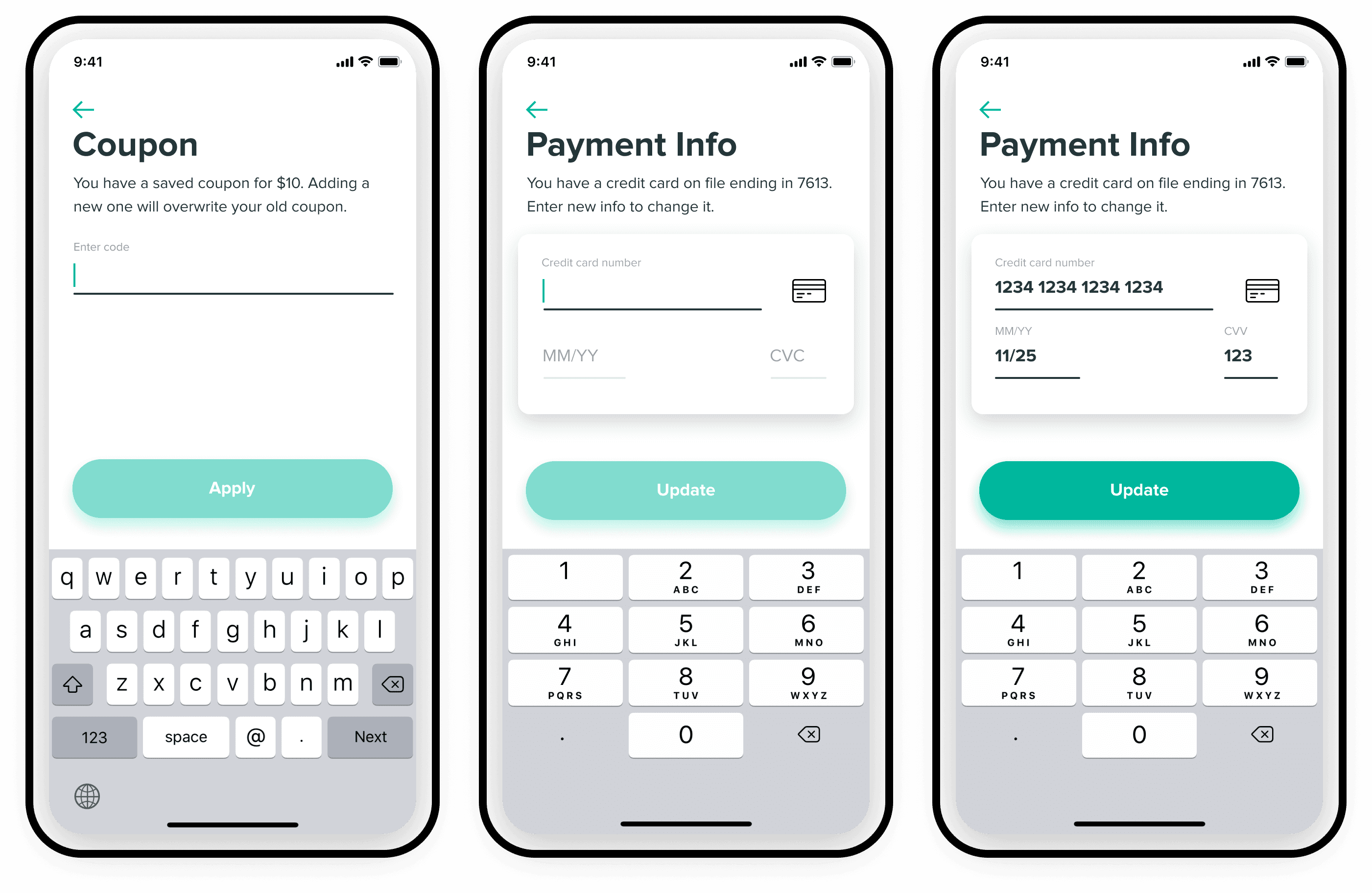 Checkout screens with coupon and discount payment options