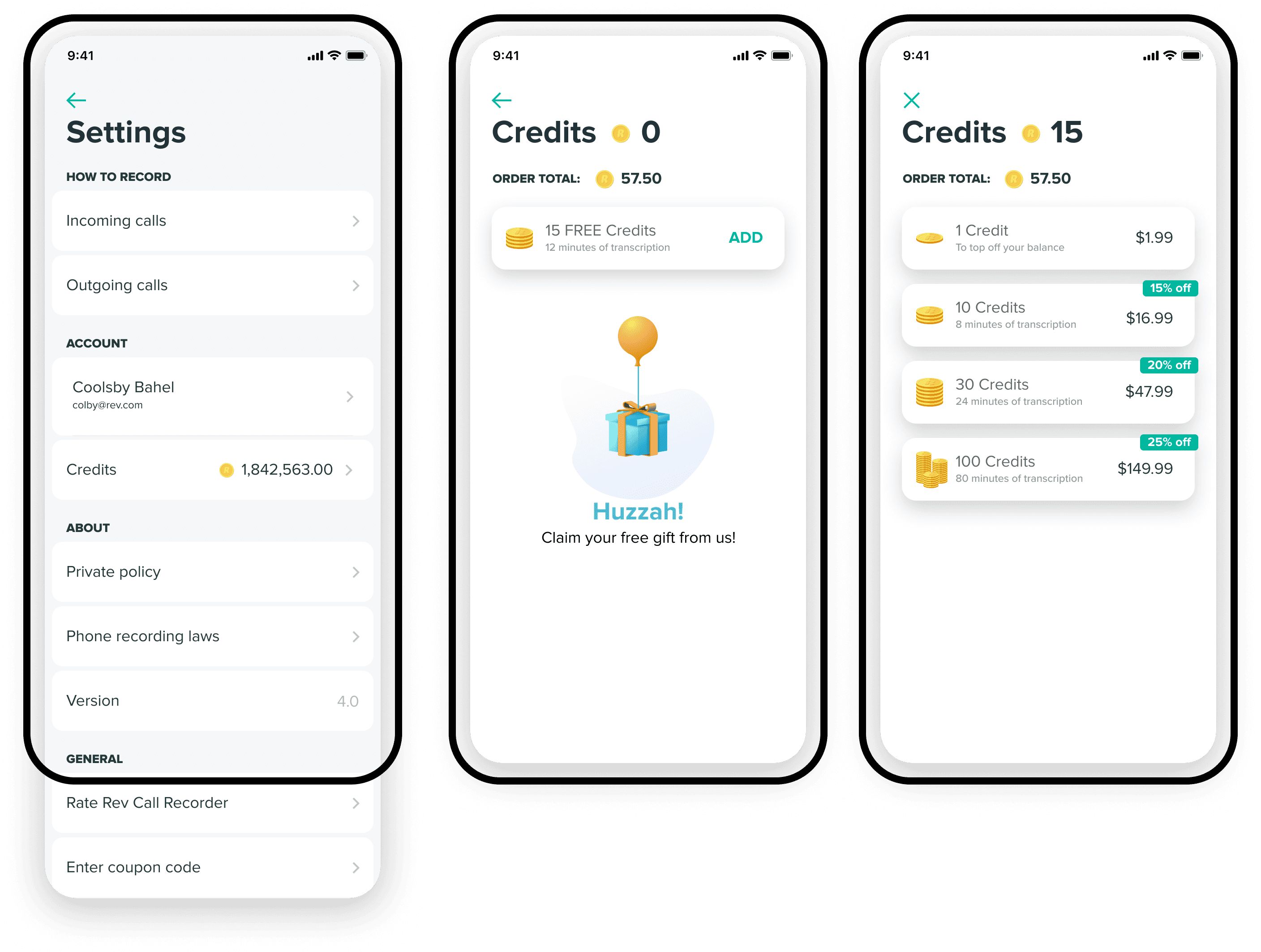 In-app purchase screens for buying transcription credits