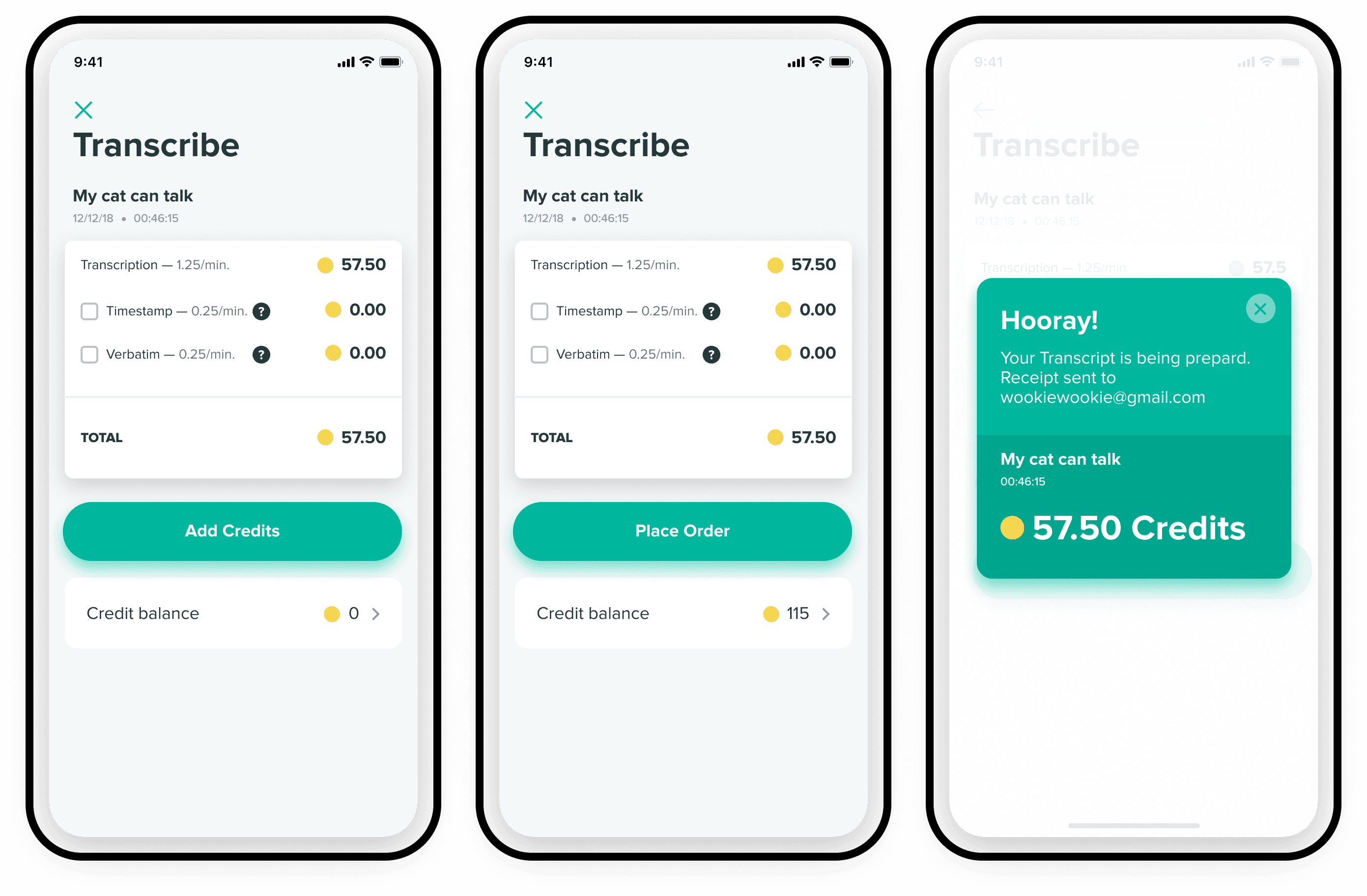 Credit balance and purchase flow screens for the in-app currency system