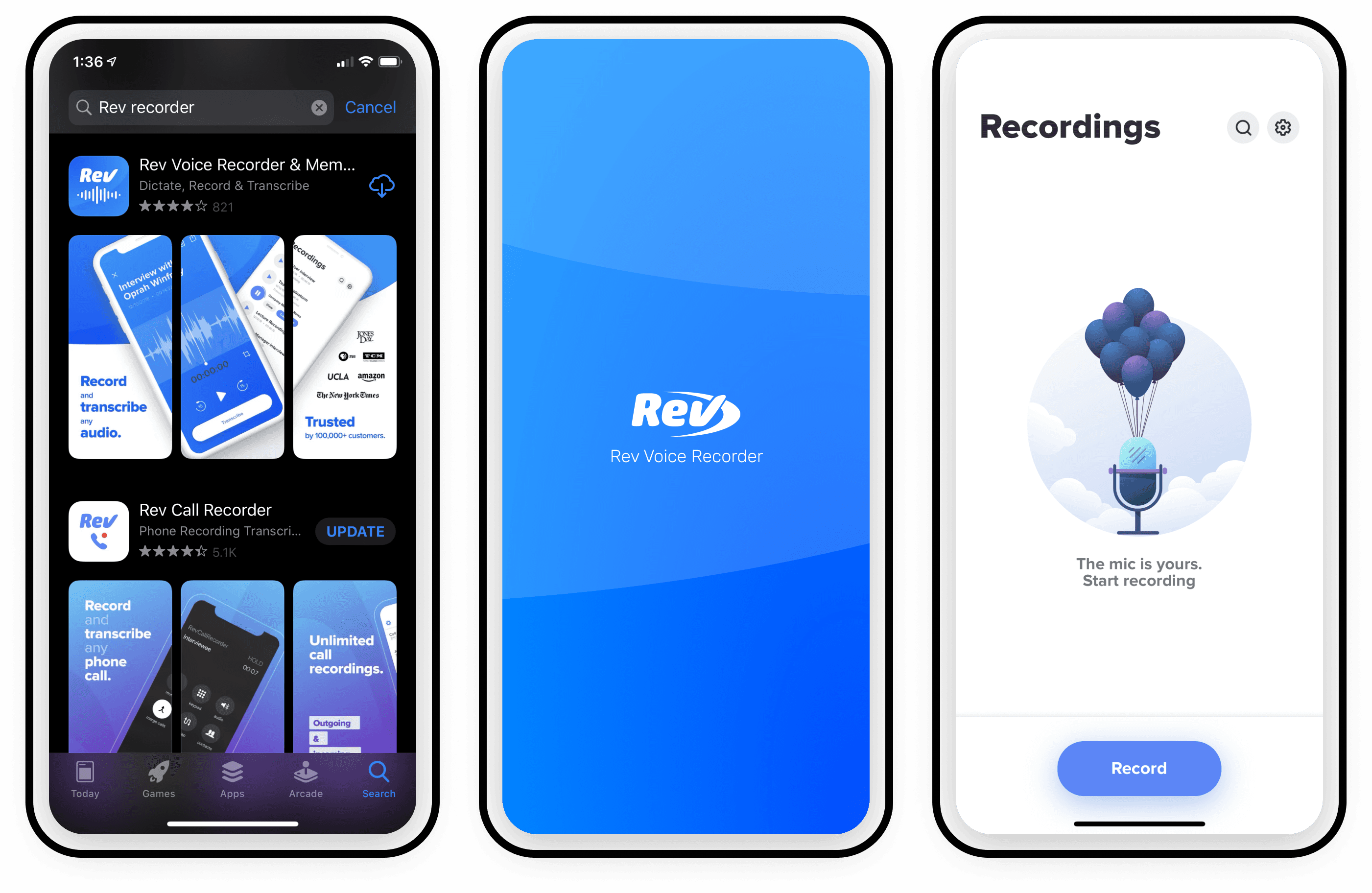 Rev Voice Recorder home screen listing recordings and transcripts