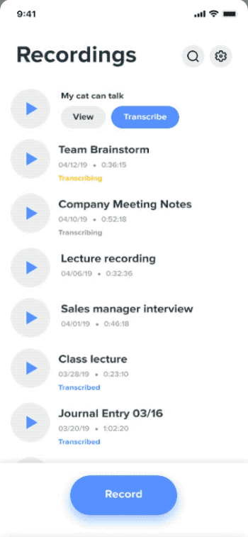 Animated walkthrough of starting a recording and purchasing transcription credits