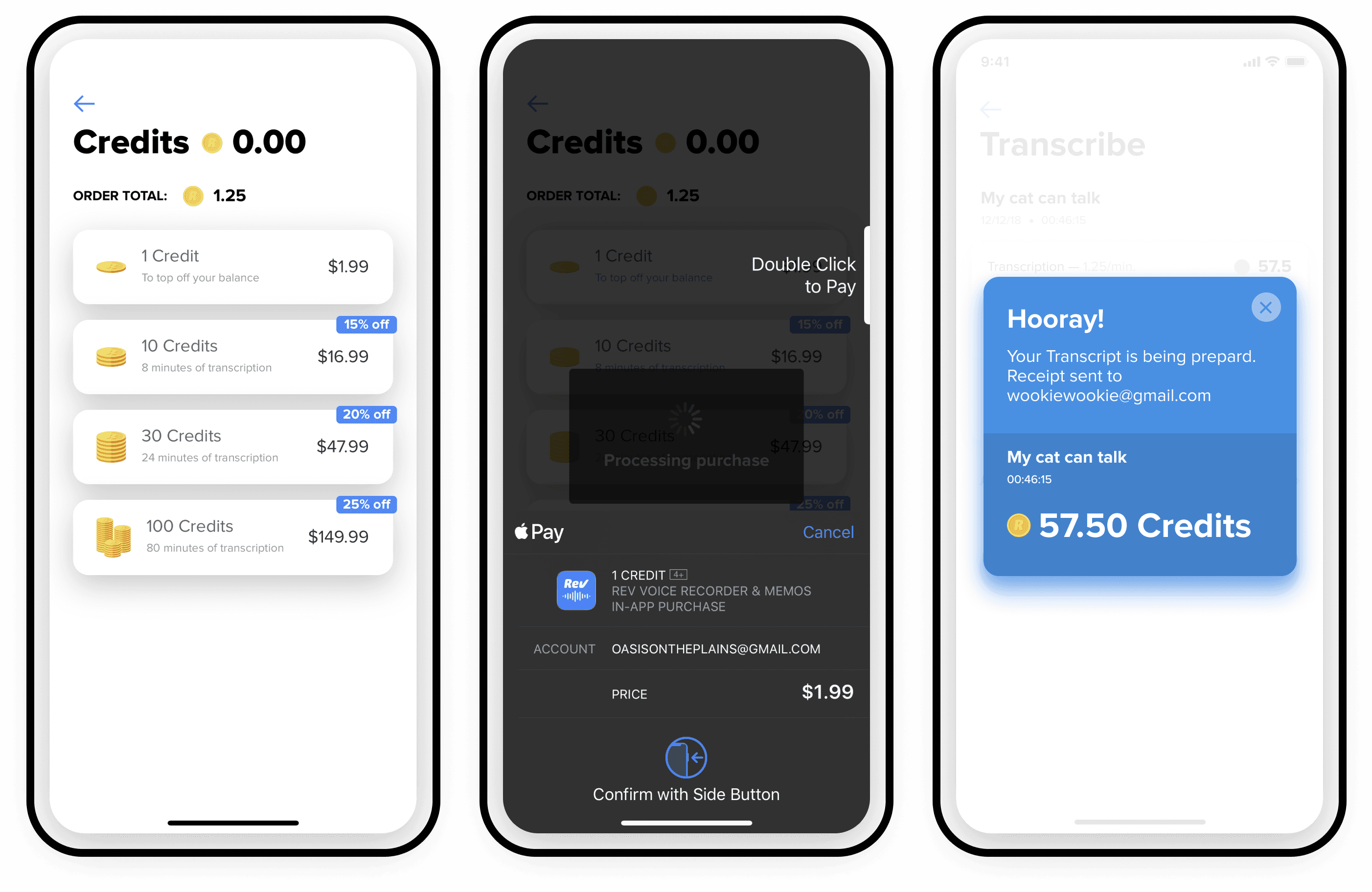 Transcript delivery screens showing the completed transcript synced in the app