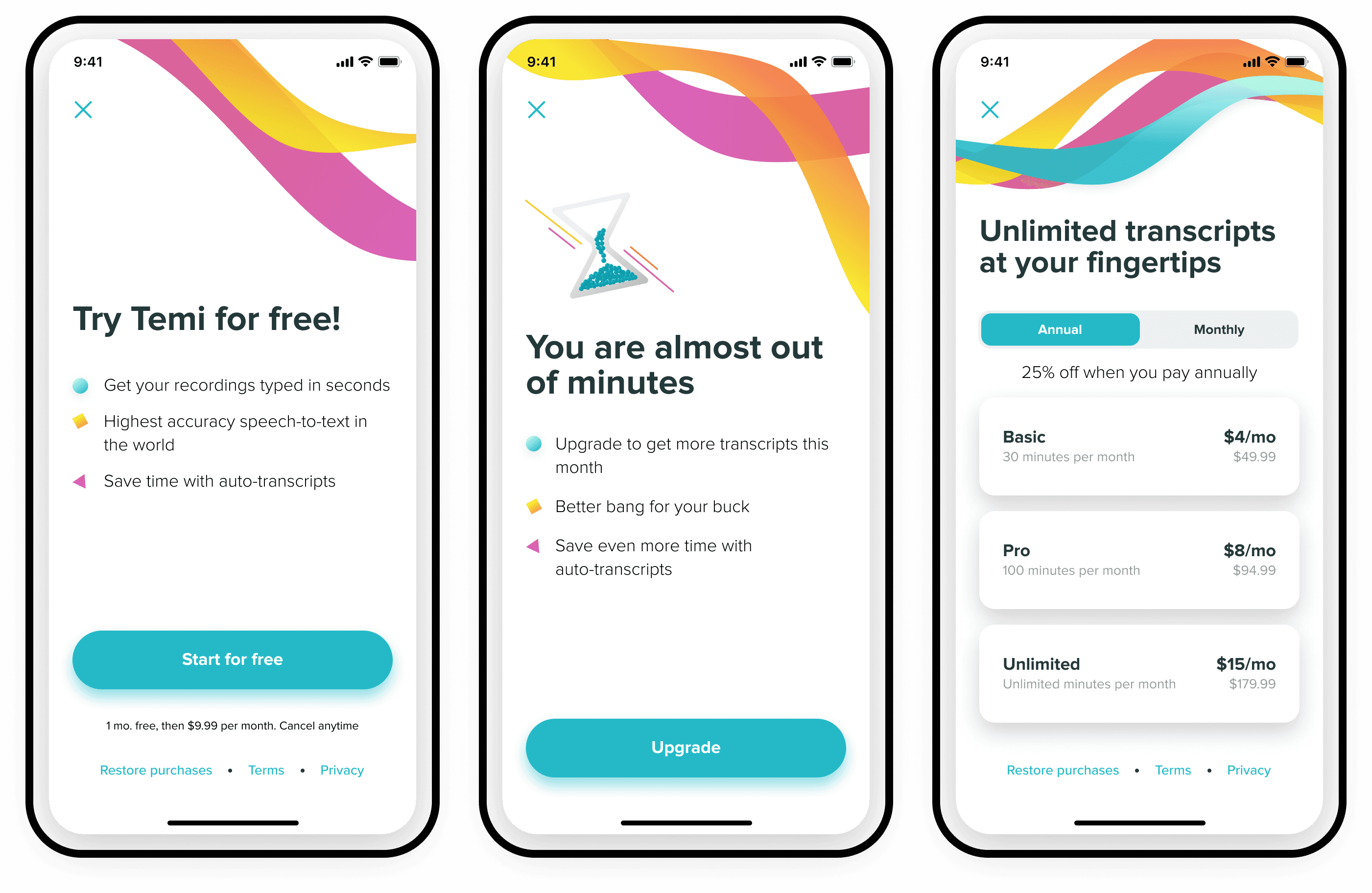 Temi onboarding and pricing screens with a free trial, an out-of-minutes upgrade prompt, and monthly subscription plans