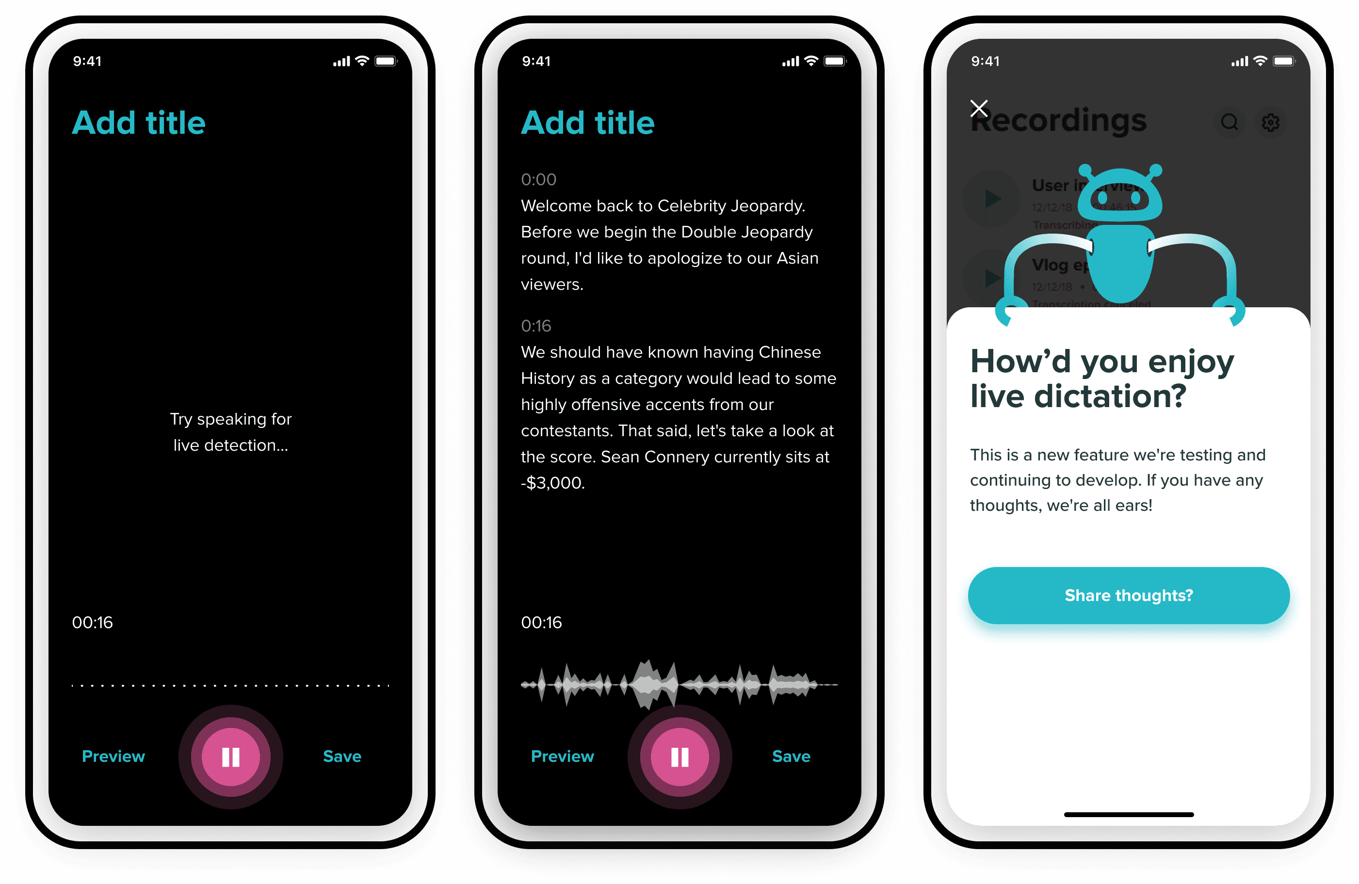 Temi recording screens showing live speech detection, a real-time transcript with waveform, and an in-app feedback prompt about live dictation