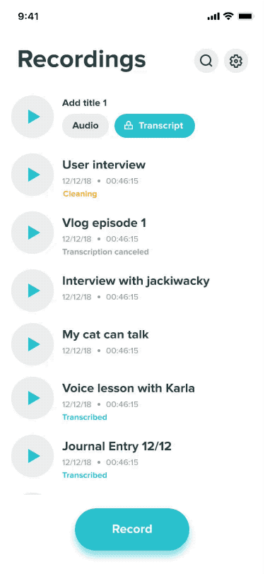 Animated flow of unlocking a locked Temi transcript from the recordings list