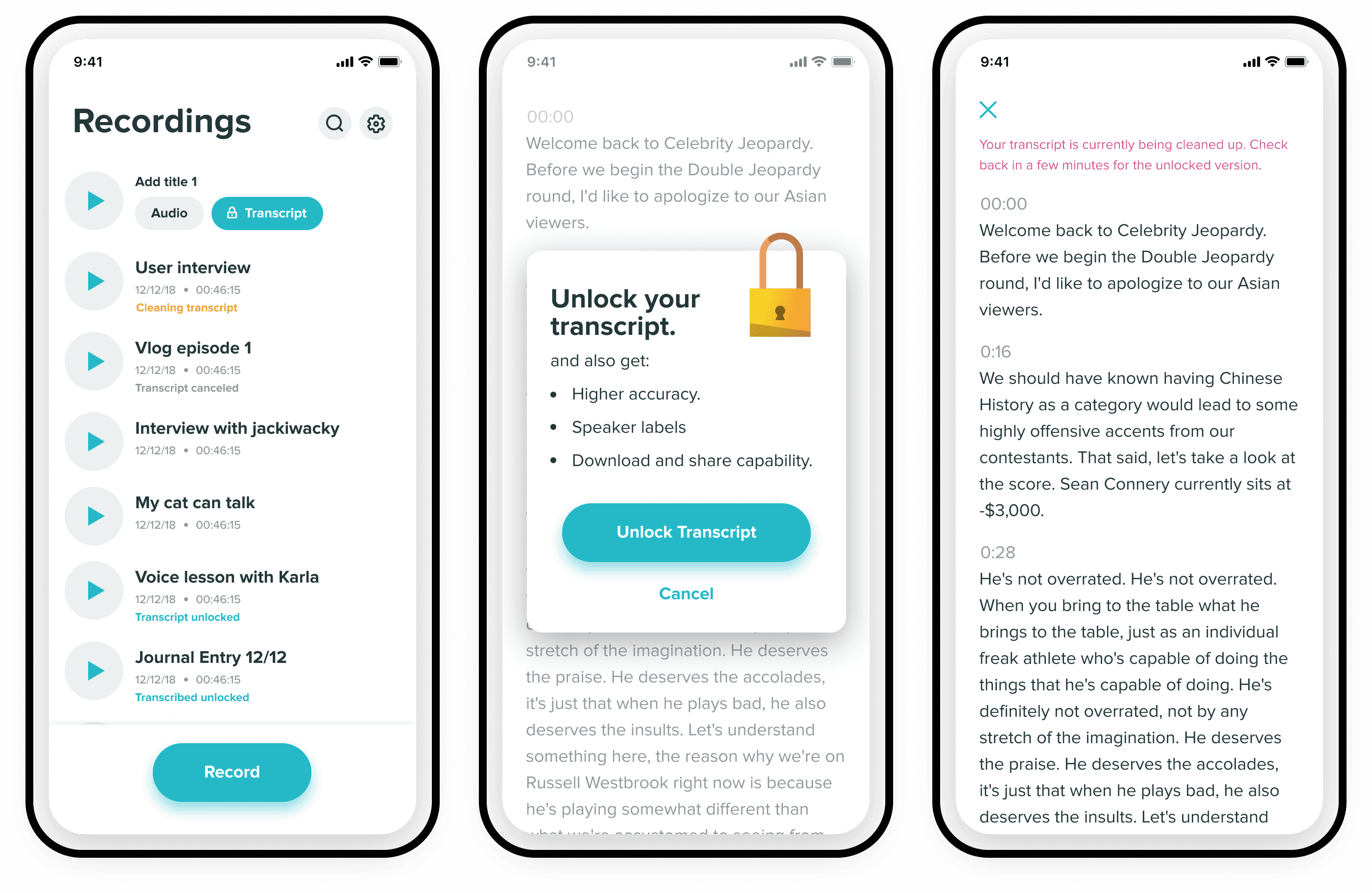 Temi recordings list and transcript view with a locked transcript preview and an unlock prompt listing higher accuracy and speaker labels
